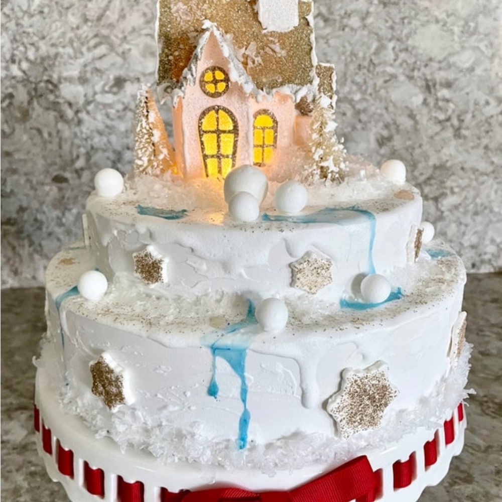 Handcrafted Christmas Chalet Light up Display Cake. Cake stand not included.